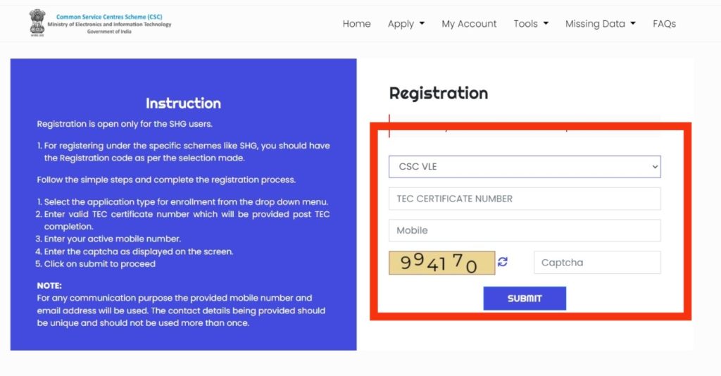 csc center online registration process